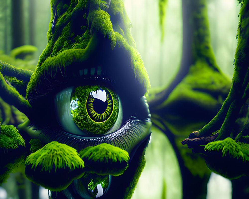 Green eye among moss-covered branches in lush forest