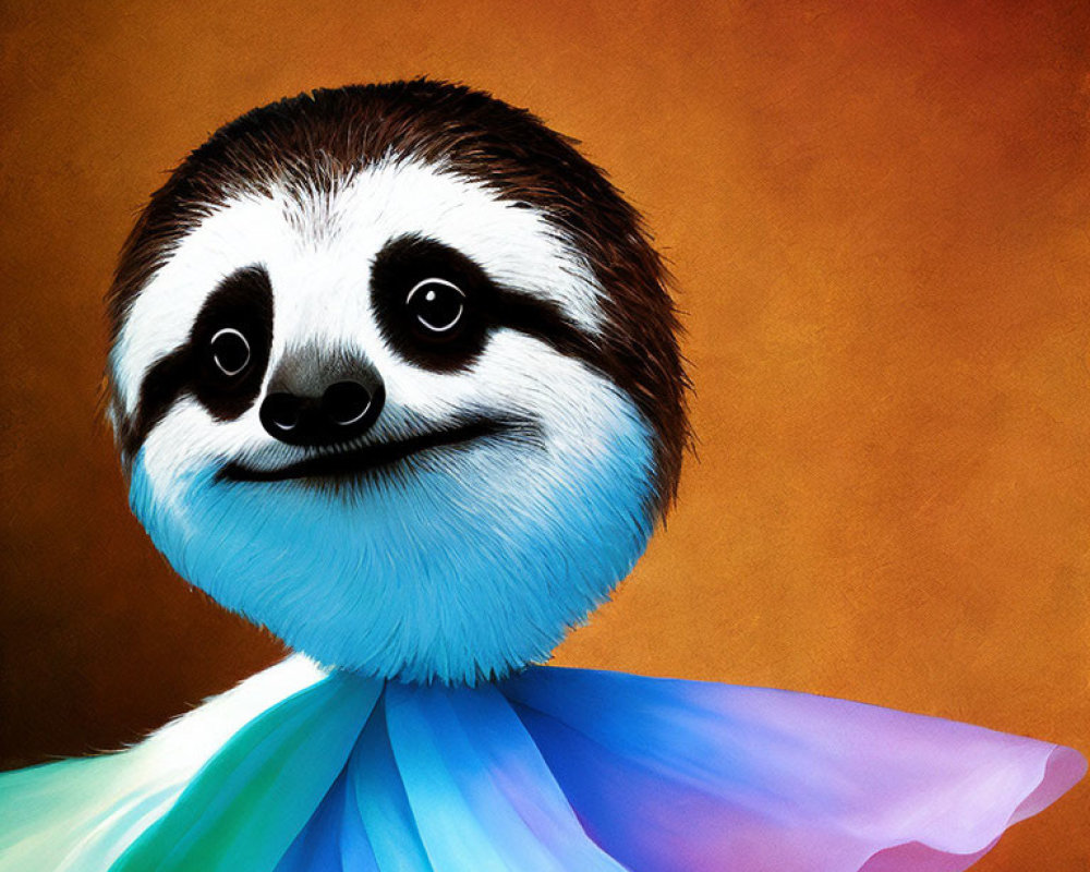 Smiling sloth with blue neck ruffle on textured background