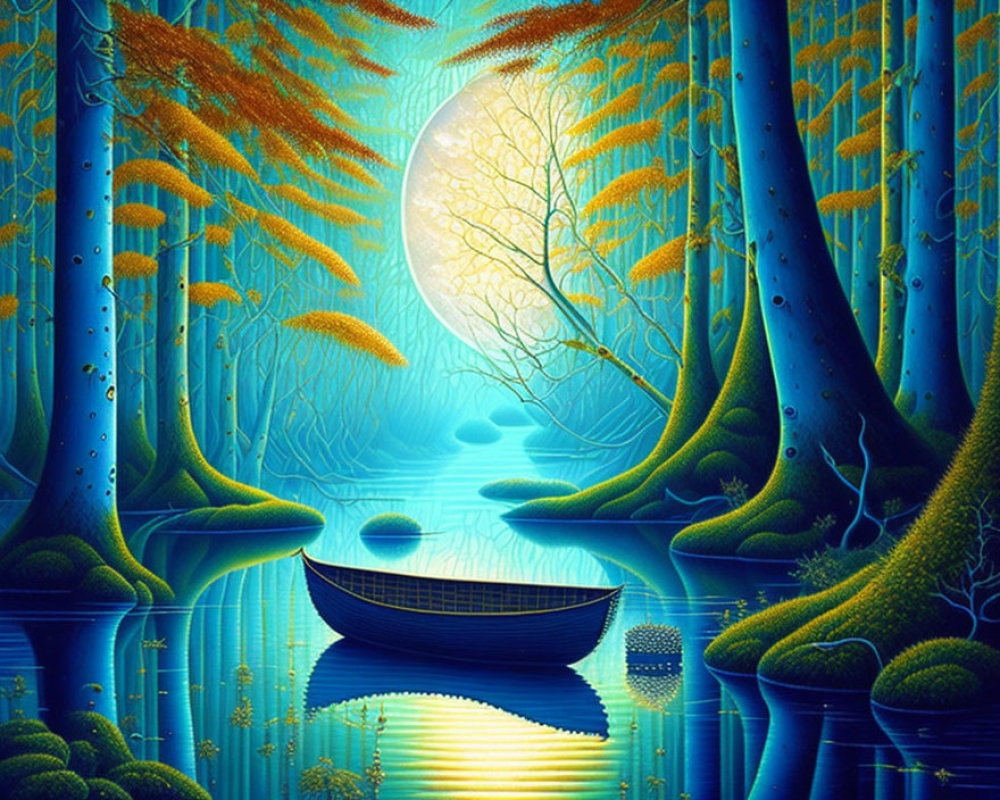 Fantasy landscape with oversized moon, blue trees, serene lake, and solitary boat