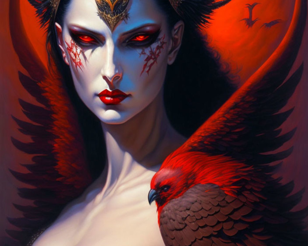 Fantasy woman with red eyes and golden crown holding a red-feathered bird on red backdrop