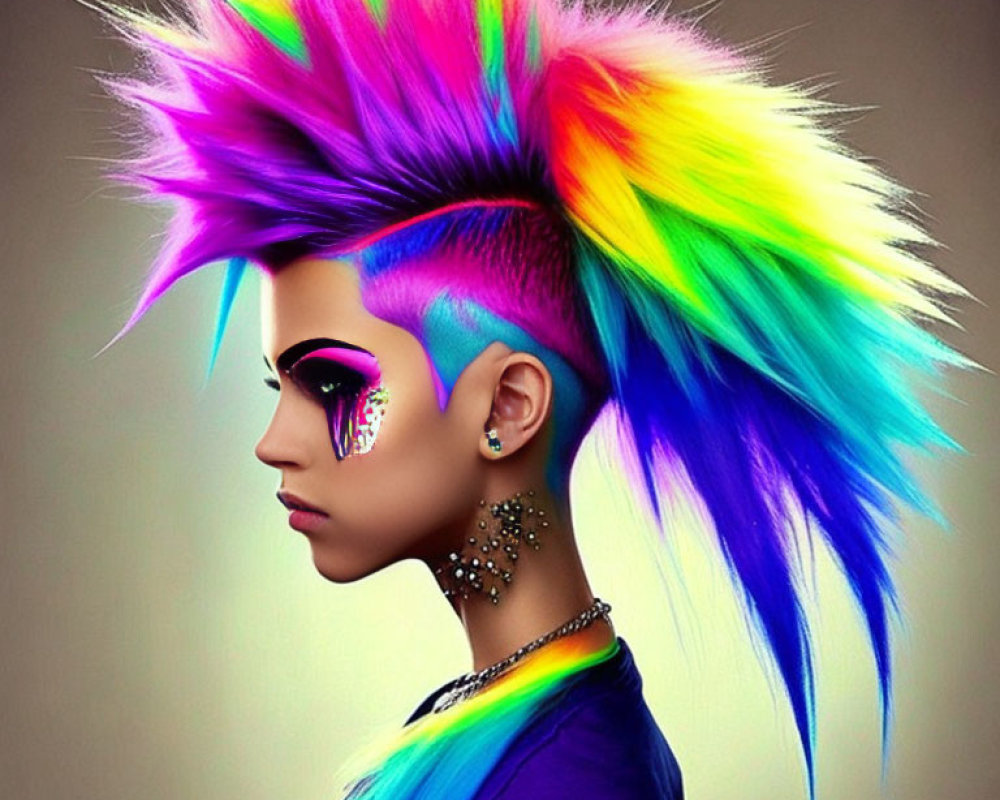 Vibrant multicolored mohawk and eye makeup with studded necklace