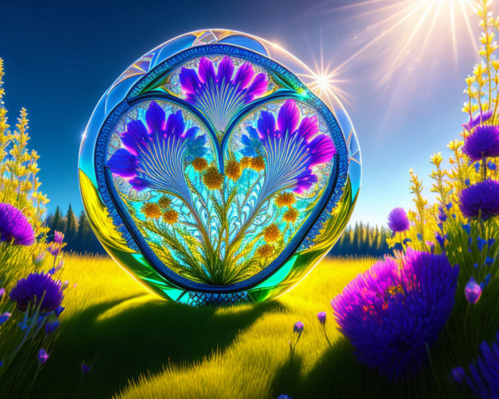 Colorful heart-shaped stained-glass window in vibrant digital artwork