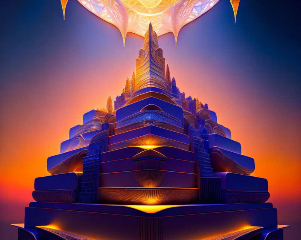 Glowing futuristic pyramid under ornate structure in twilight sky