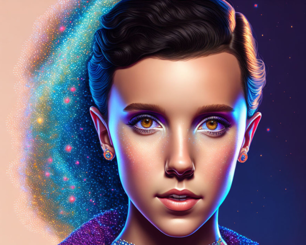 Vibrant Cosmic Digital Portrait with Prominent Eyes and Modern Haircut