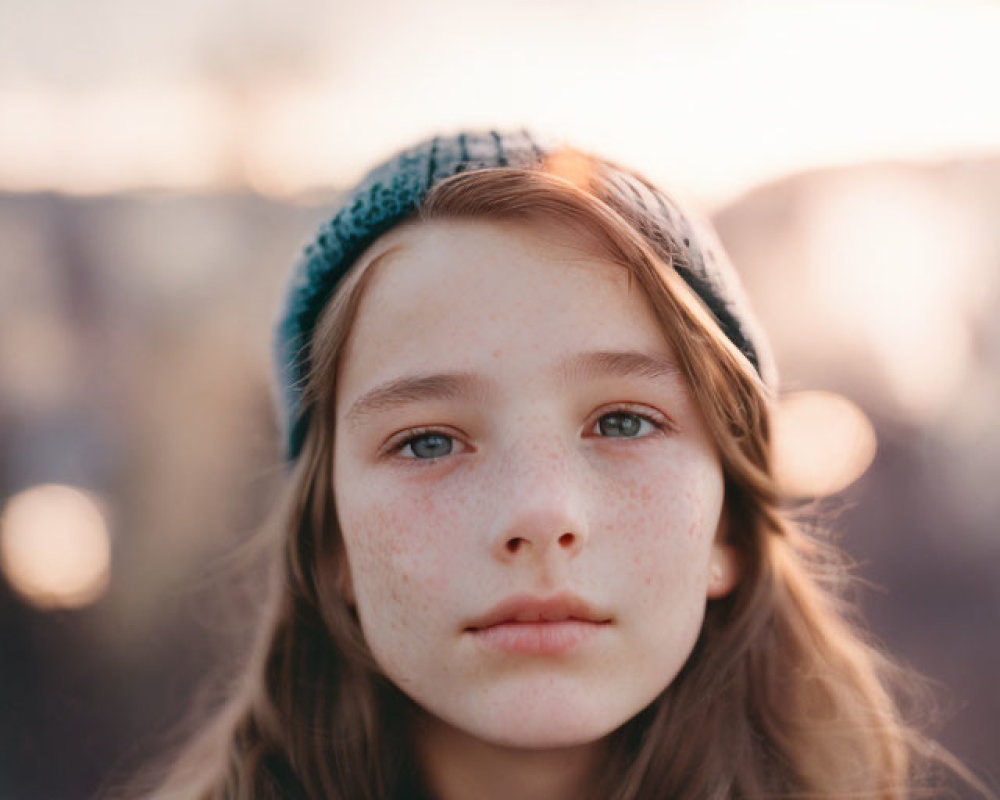 Young girl with freckles in beanie against sunset backdrop