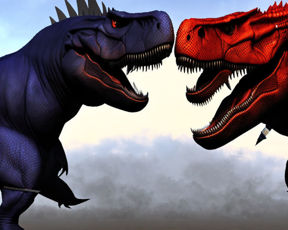 Computer-generated blue and red dinosaurs face off against cloudy sky.
