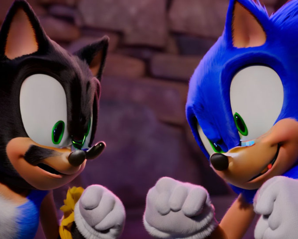 Blue and Black Hedgehogs Fist Pumping Against Brick Wall