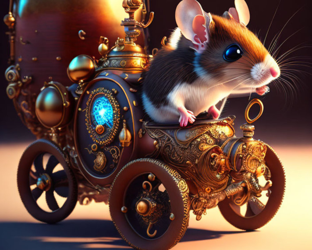 Whimsical mouse on steampunk carriage with intricate designs