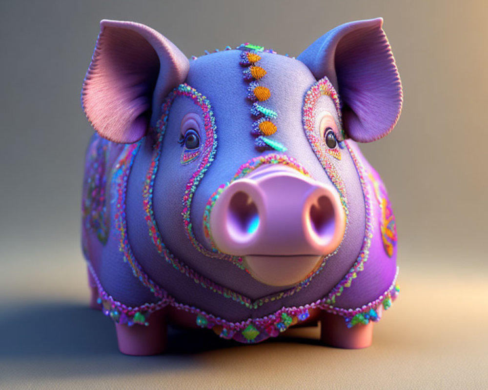 Colorful Floral Pattern Piggy Bank on Neutral Background