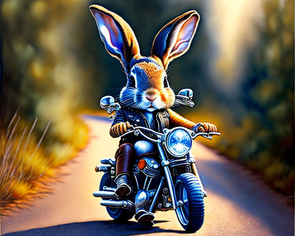 Anthropomorphic rabbit on motorcycle in forest with sunlight filtering.