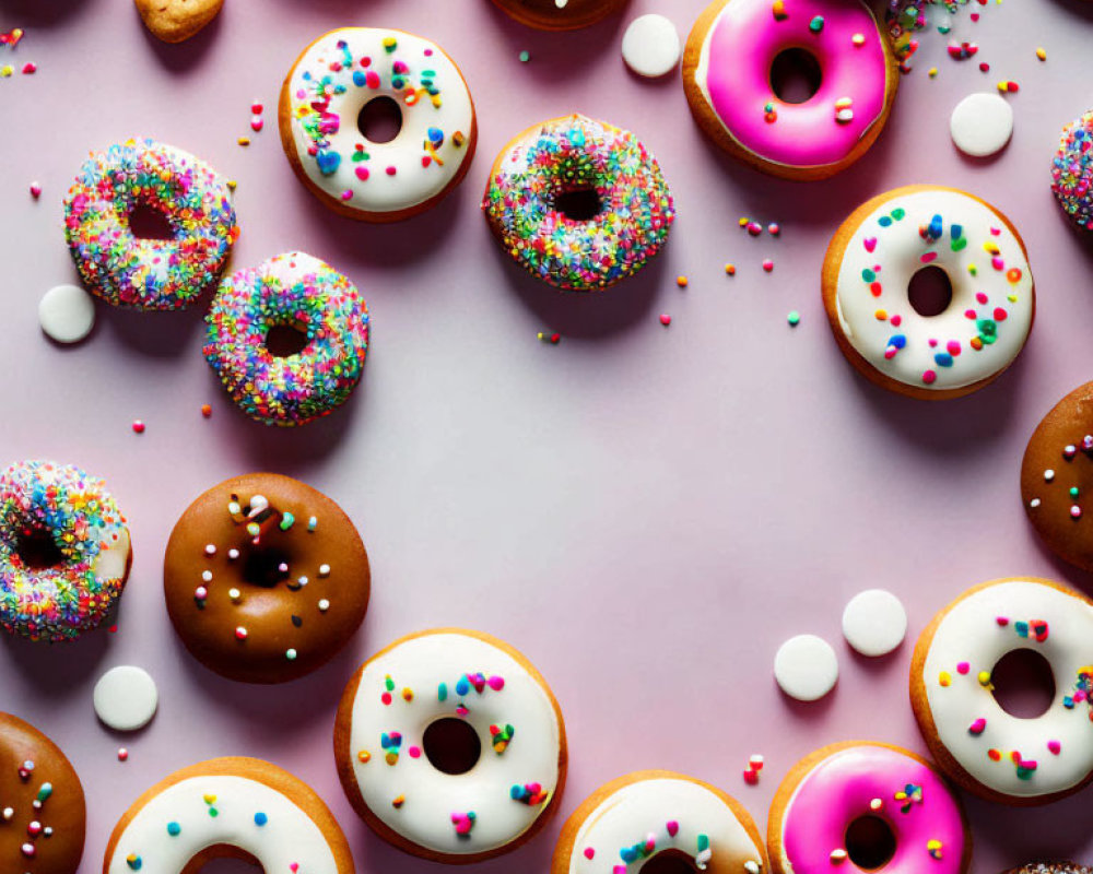Assorted colorful donuts with sprinkles on pink background