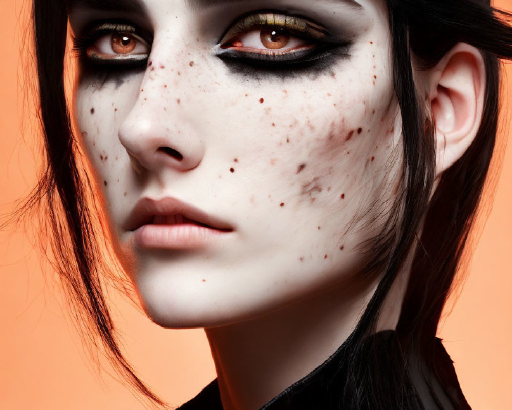 Portrait of woman with dark hair, intense eye makeup, freckles, and pale skin on orange