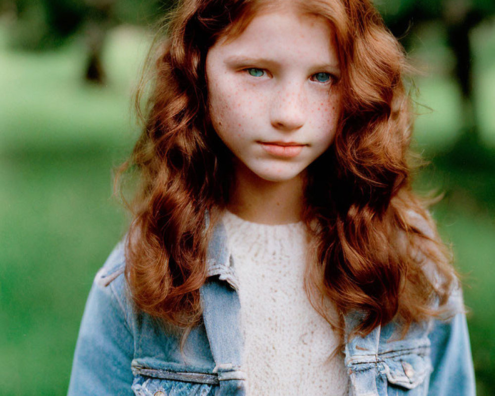 Young girl with red curly hair in denim jacket outdoors