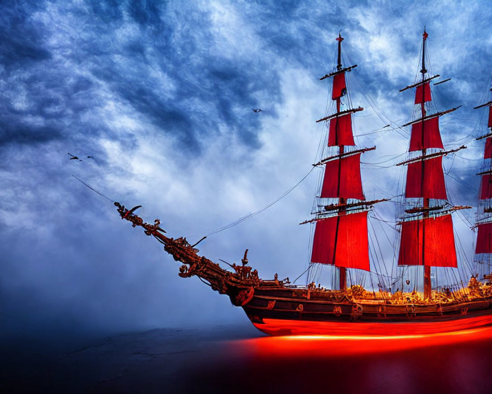 Red-sailed ship on misty sea with cloudy sky and birds.