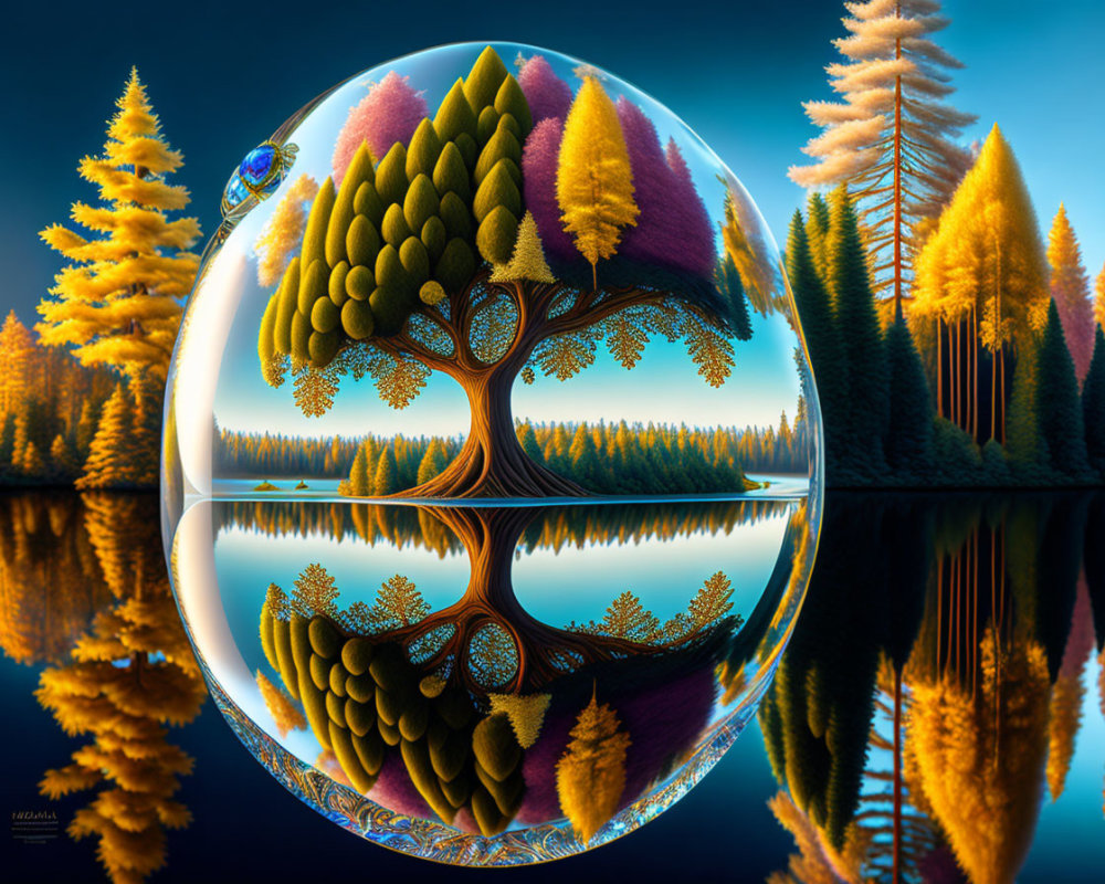 Vibrant tree-filled surreal landscape with crystal ball and golden-hued forests
