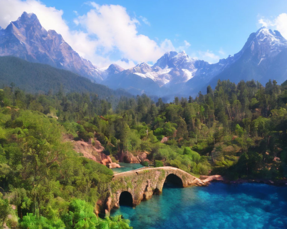 Stone bridge over clear blue river in lush green scenery surrounded by forests, mountains, and blue sky.