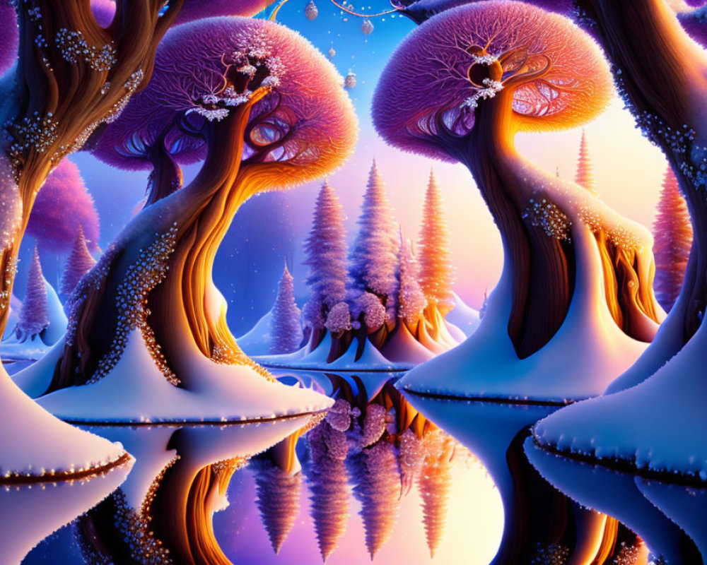 Whimsical winter landscape with purple trees reflected in icy river