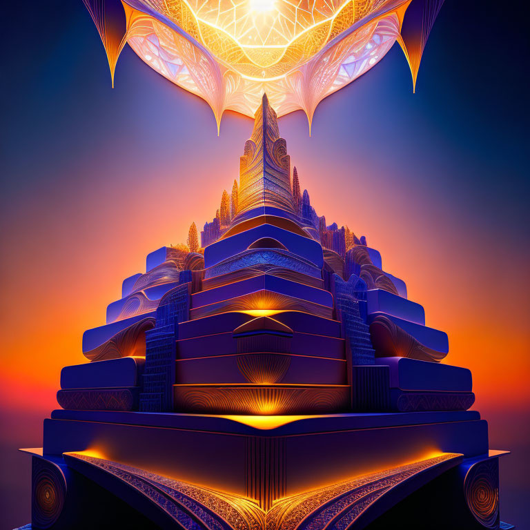 Glowing futuristic pyramid under ornate structure in twilight sky