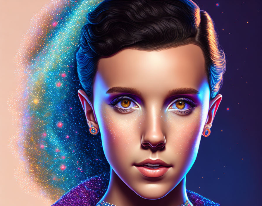 Vibrant Cosmic Digital Portrait with Prominent Eyes and Modern Haircut