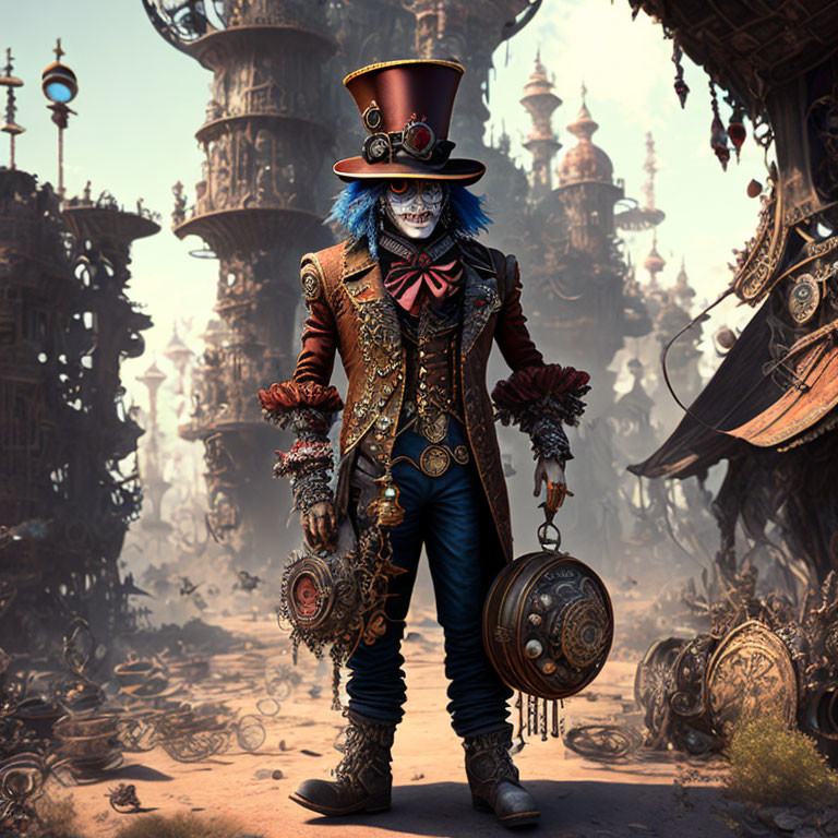 Skeletal character in top hat and Victorian attire with mechanical devices in fantastical cityscape