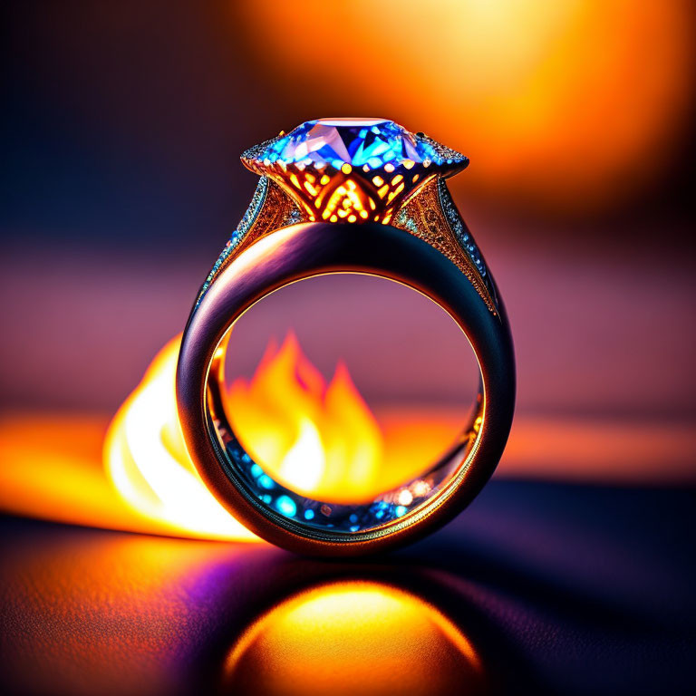 Intricately Designed Blue Gem Ring with Fire Background