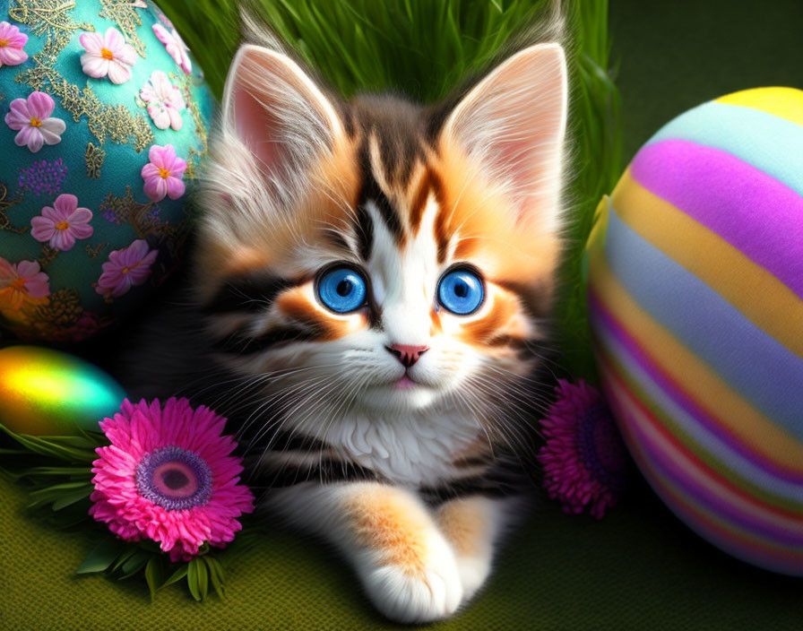 Multicolored kitten with blue eyes among Easter eggs and flowers
