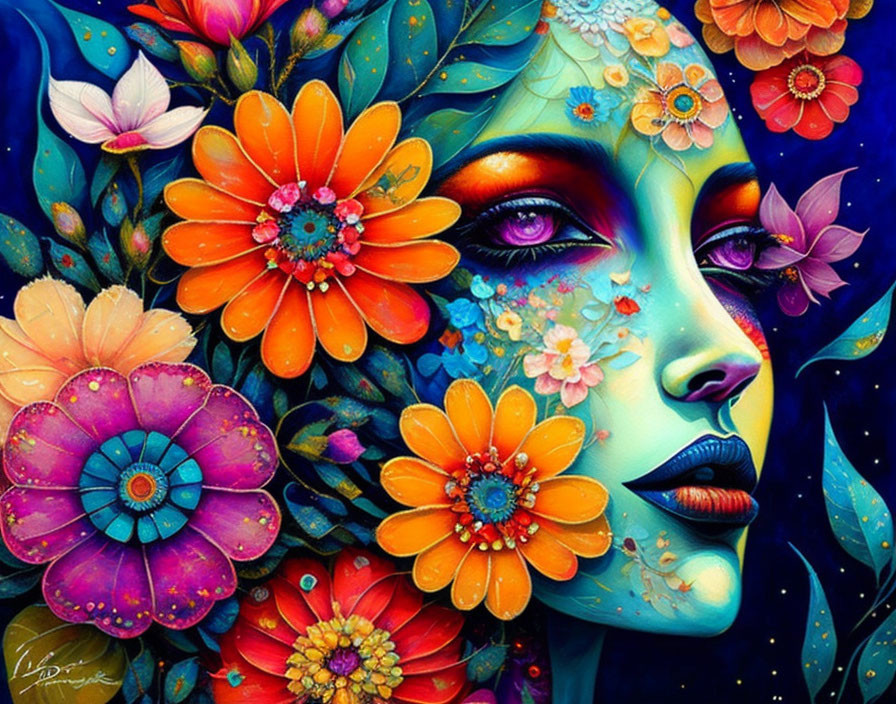 Colorful Woman's Face Artwork with Flowers and Butterfly in Blues, Oranges, and Purp