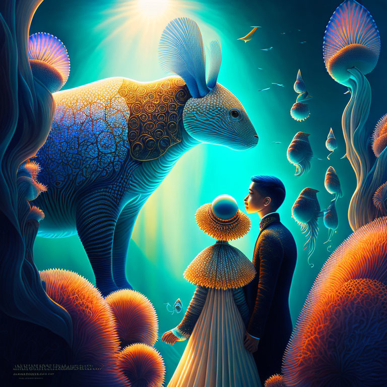Victorian couple encounters surreal glowing armadillo in luminous setting