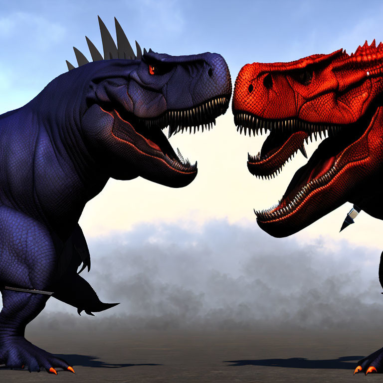 Computer-generated blue and red dinosaurs face off against cloudy sky.