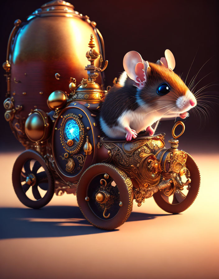 Whimsical mouse on steampunk carriage with intricate designs