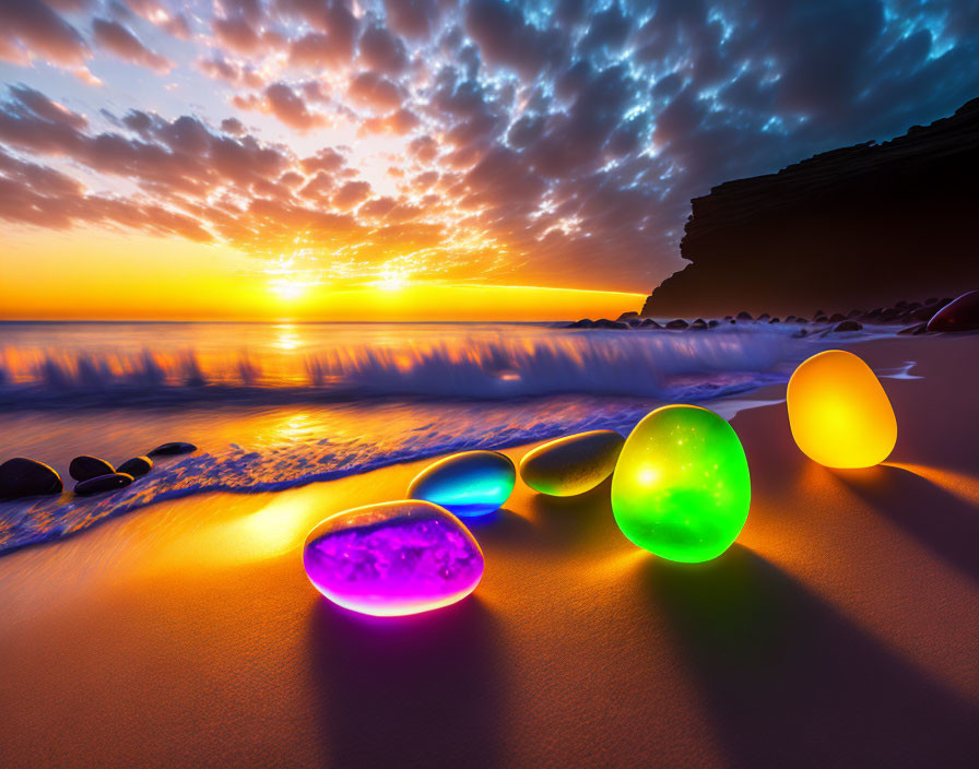 Vibrant Glowing Orbs on Sandy Beach at Sunrise