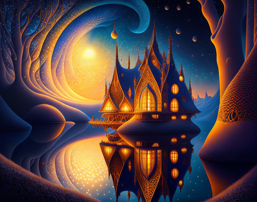 Enchanted castle with spires reflected on tranquil water at night