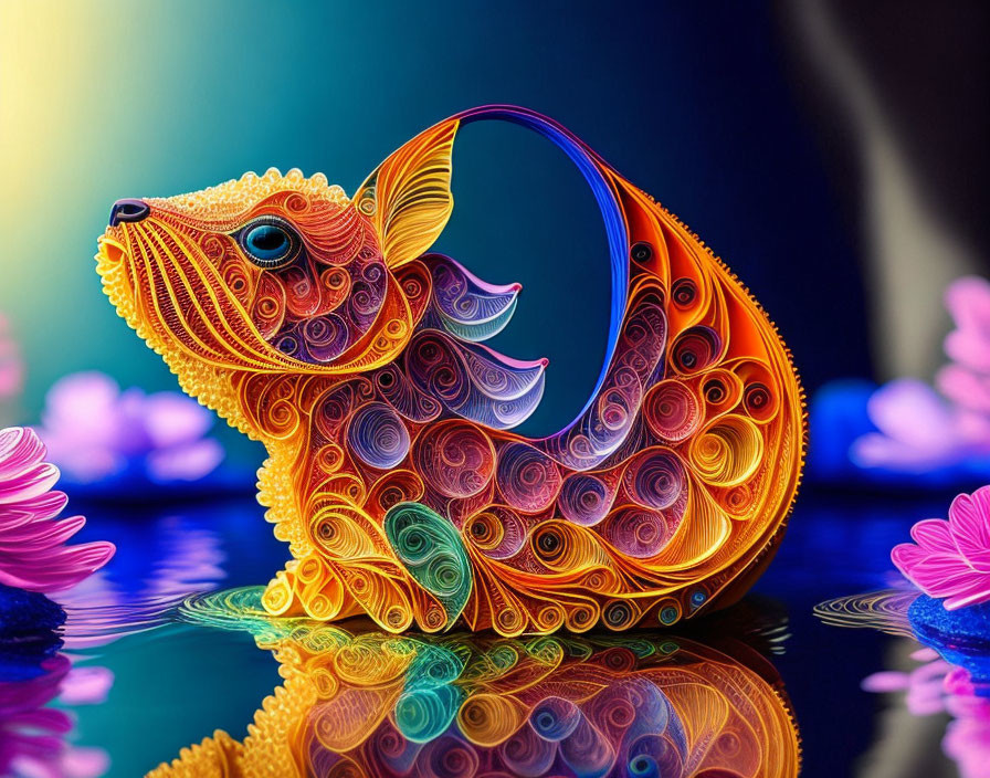 Colorful Fish Artwork with Quilled Paper Designs and Water Background