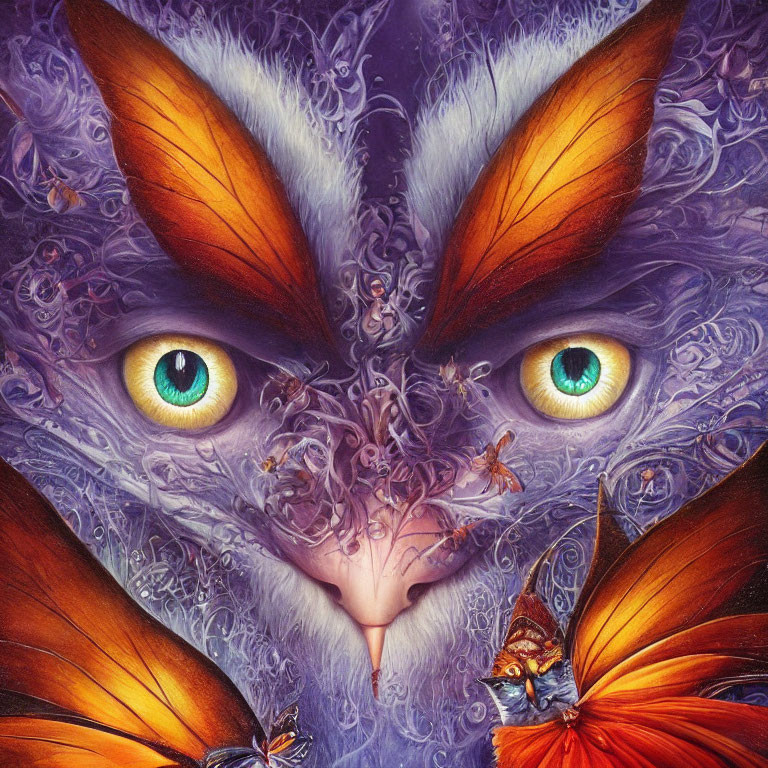 Colorful close-up illustration of mystical creature with intense yellow eyes surrounded by butterflies and purple patterns
