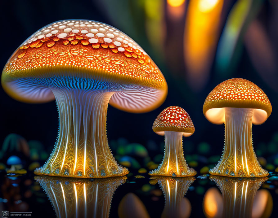 Bioluminescent mushrooms with intricate patterns on shiny surface