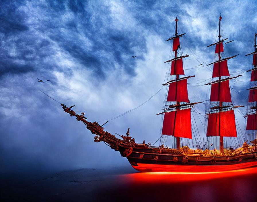 Red-sailed ship on misty sea with cloudy sky and birds.