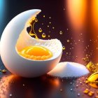 Cracked egg with vibrant yolk on reflective surface, droplets, and warm bokeh background.