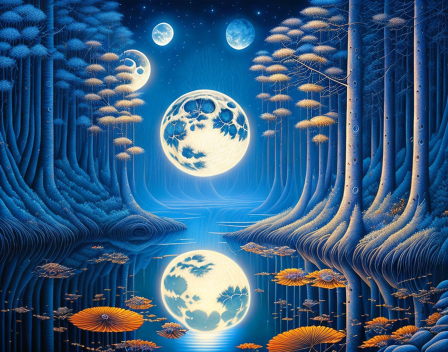 Luminescent blue forest, vibrant orange mushrooms, multiple moons in tranquil water