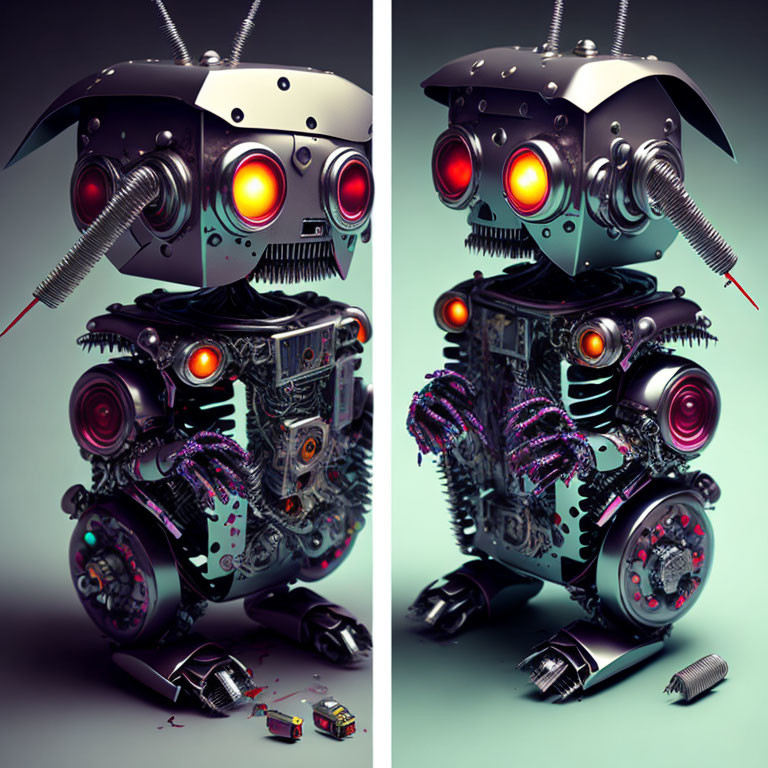 Detailed Robot with Boxy Head and Colorful Wiring Beside Disassembled Version