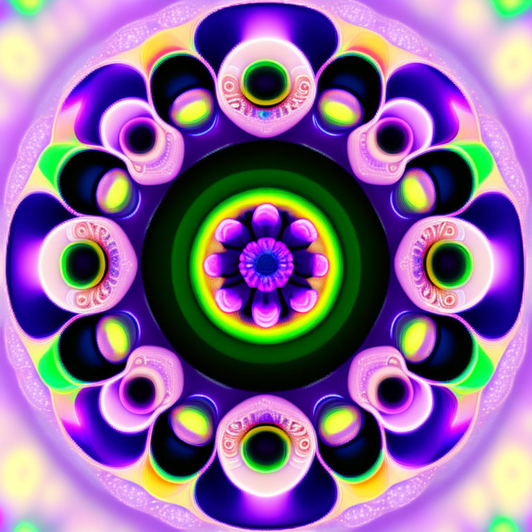 Colorful Psychedelic Floral Mandala Artwork in Purple, Green, and Yellow