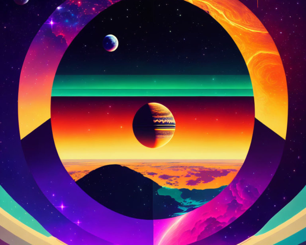 Colorful geometric digital art with cosmic sunset theme and abstract planets and stars.
