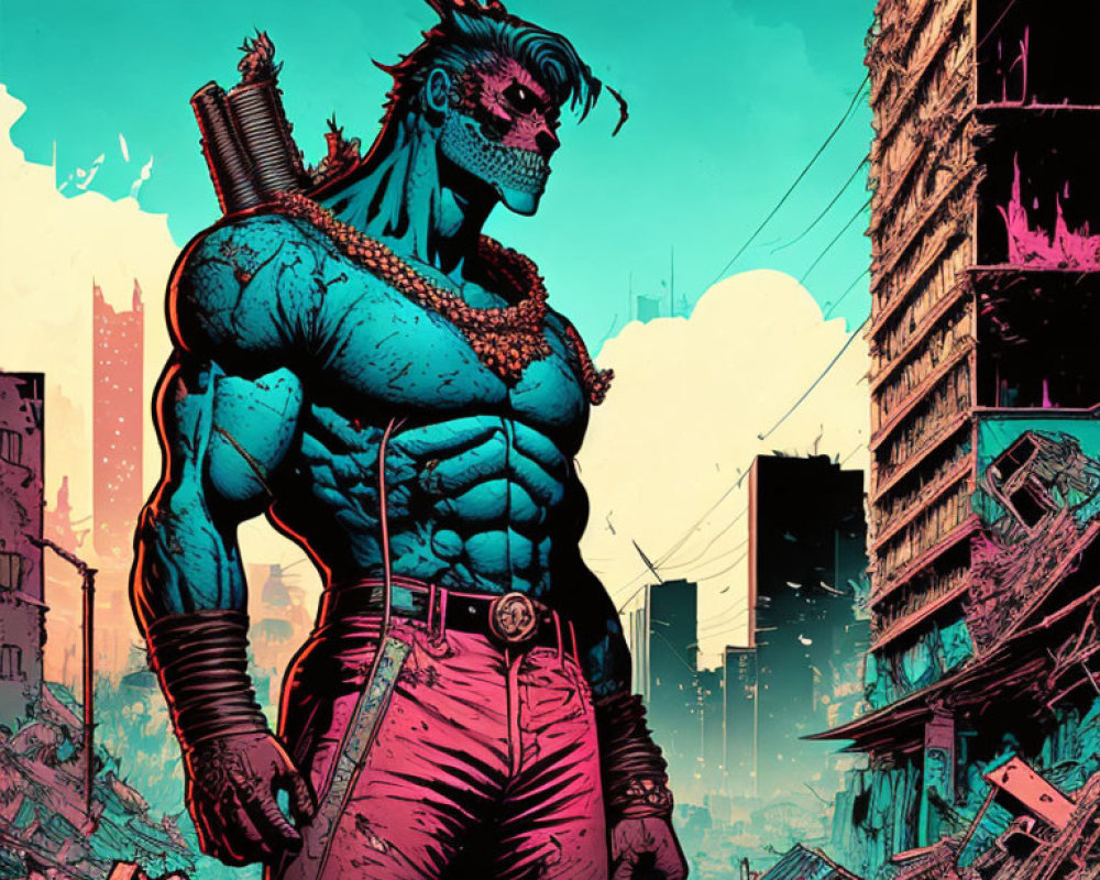 Blue-skinned muscular character with cybernetic arm in post-apocalyptic scene