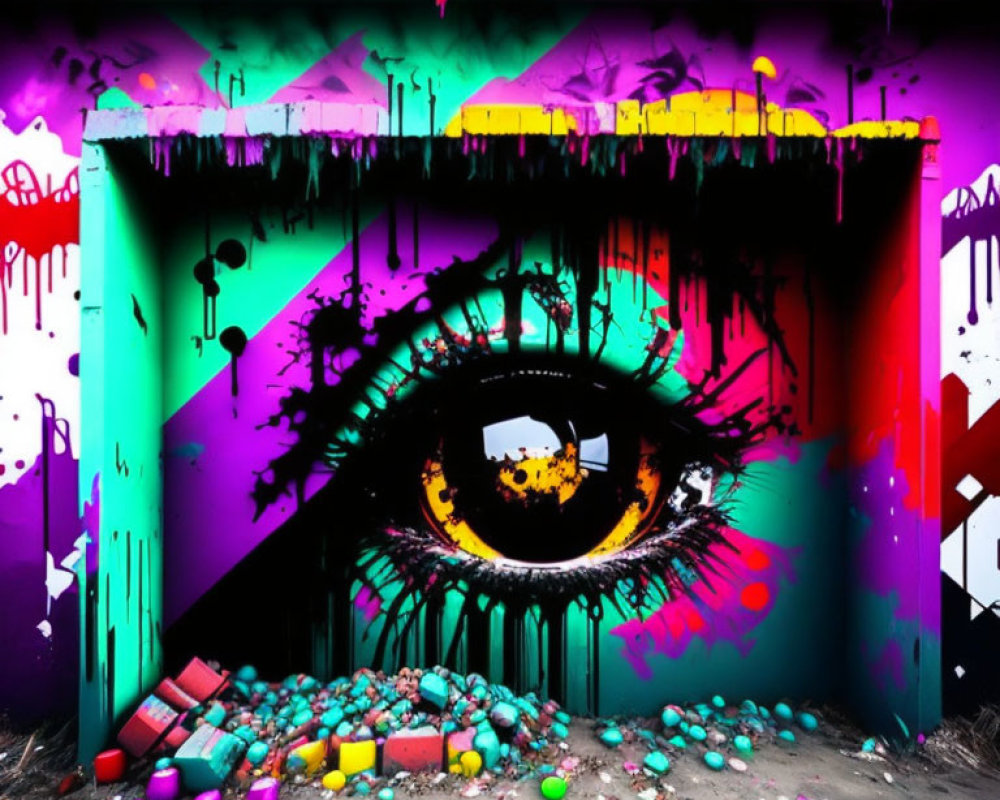 Colorful graffiti art of a detailed eye with dripping paint on a wall