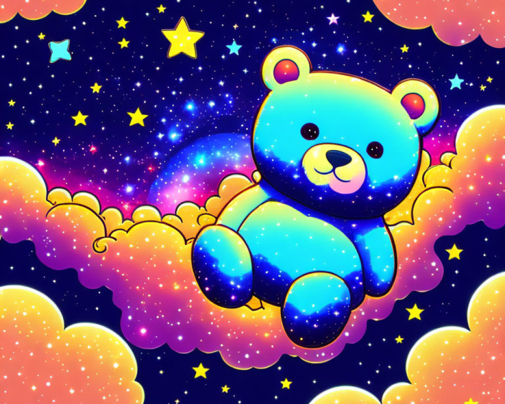 Colorful Teddy Bear Floating Among Cosmic Clouds and Stars
