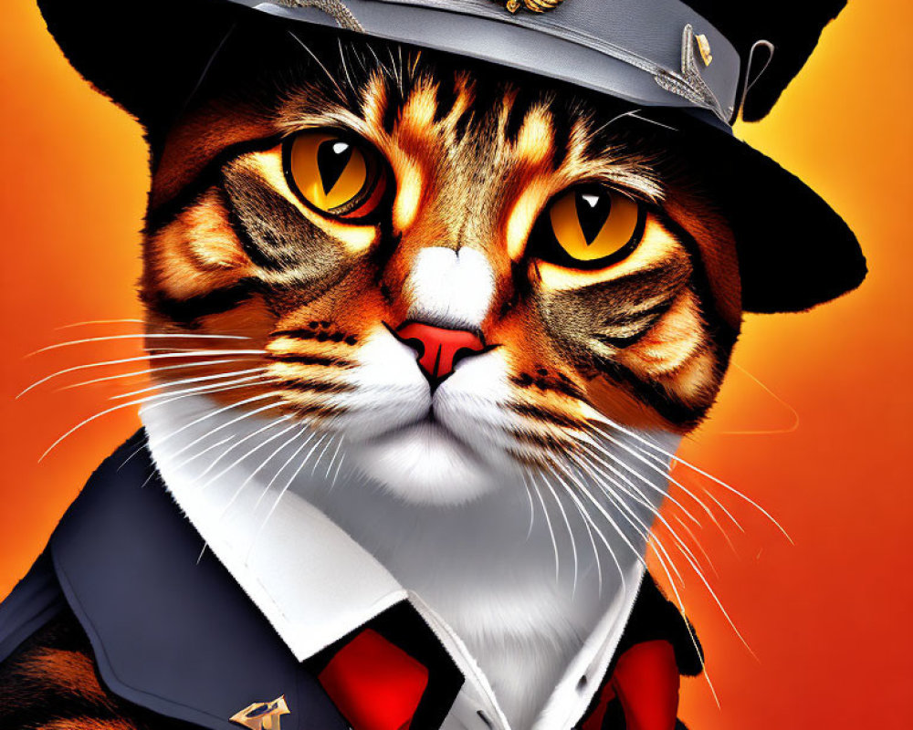 Digitally altered cat with human-like features in military attire on orange background.