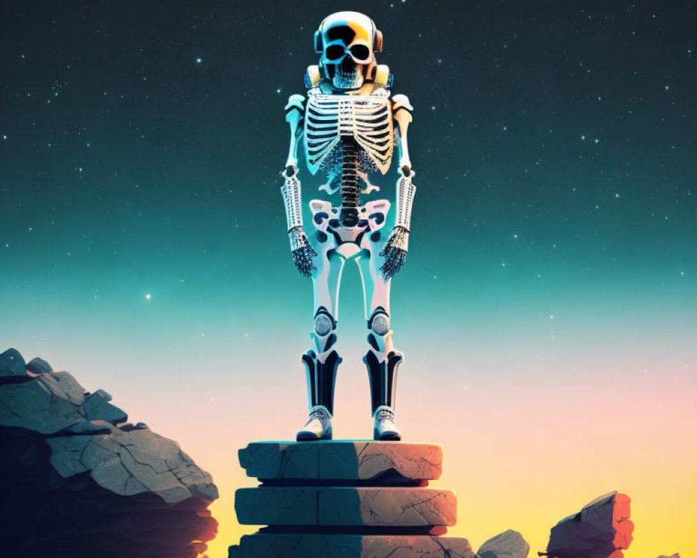 Illustration: Human skeleton on stone steps under cosmic sky