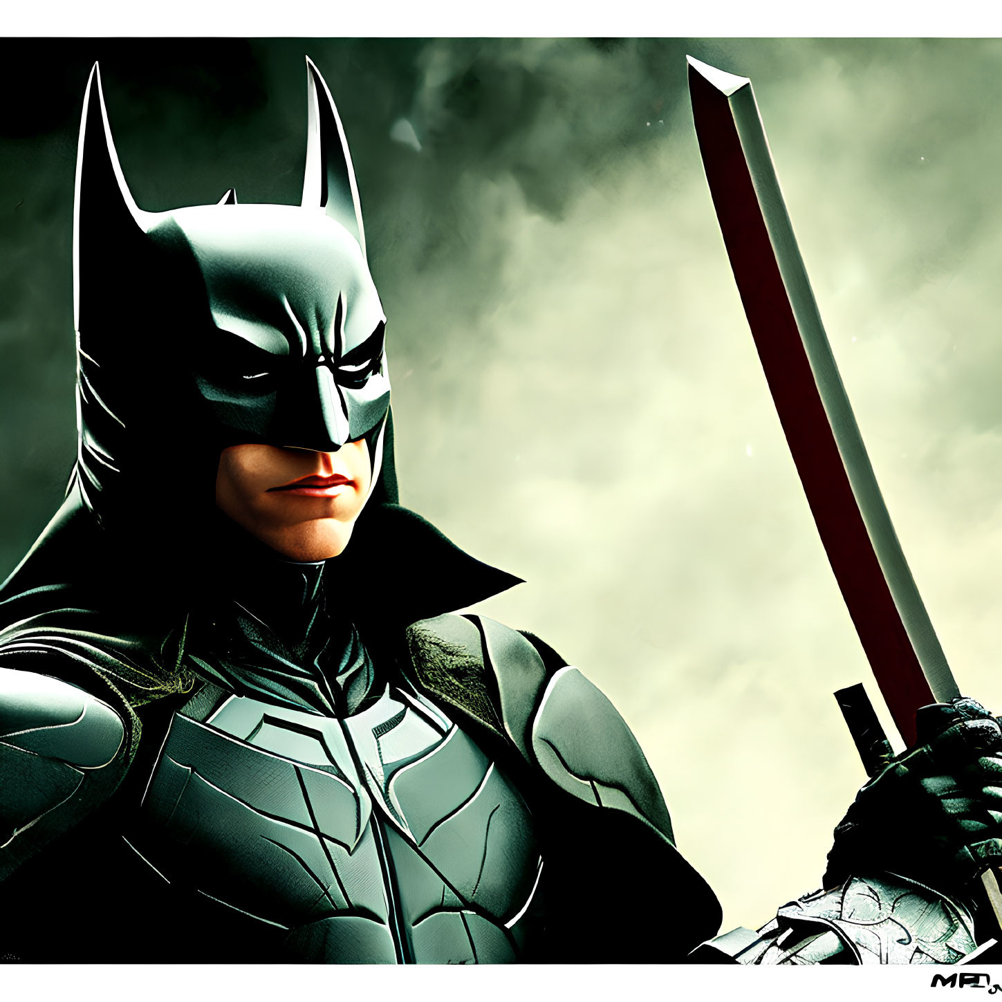 Dark-suited Batman with sword under dramatic sky