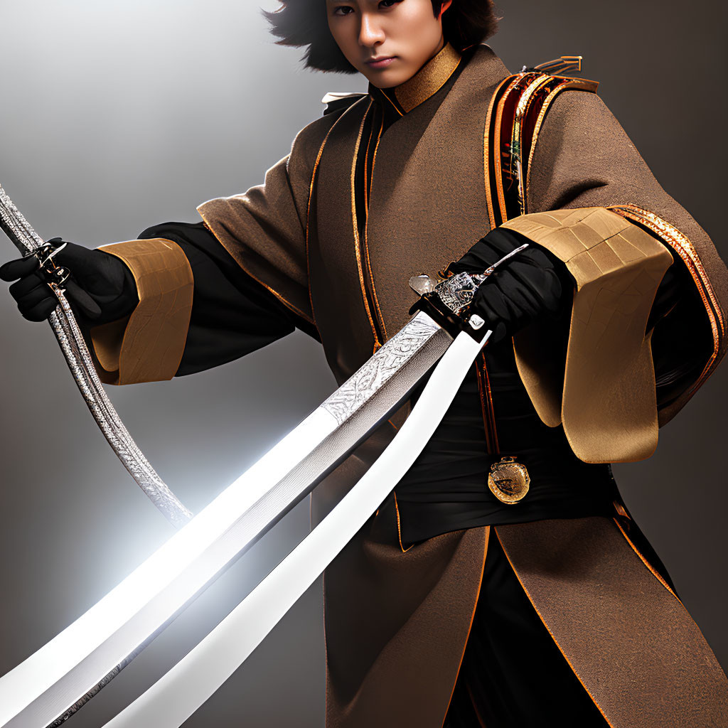 Stylized person in traditional outfit with glowing sword