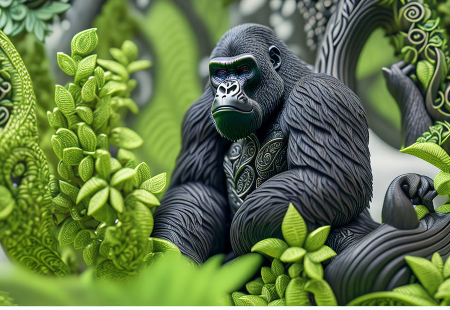 Detailed digital artwork of stylized gorilla in lush foliage