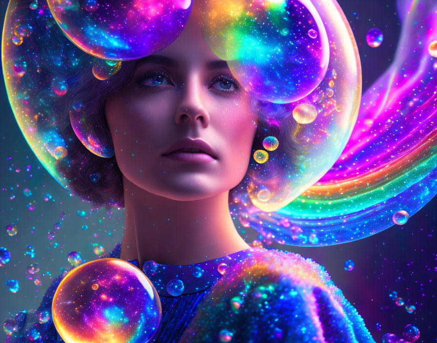 Woman surrounded by cosmic bubbles reflecting galaxies and stars